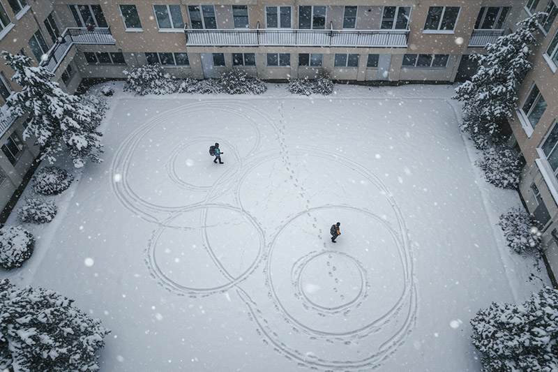 aerial view of a snowy courtyard, featuring a solitary figure in winter