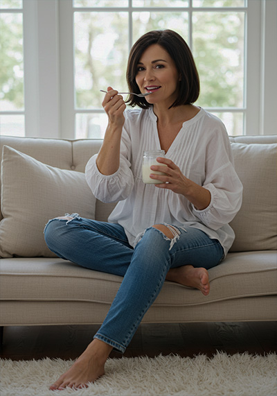 before - woman in casual wear sitting on the sofa