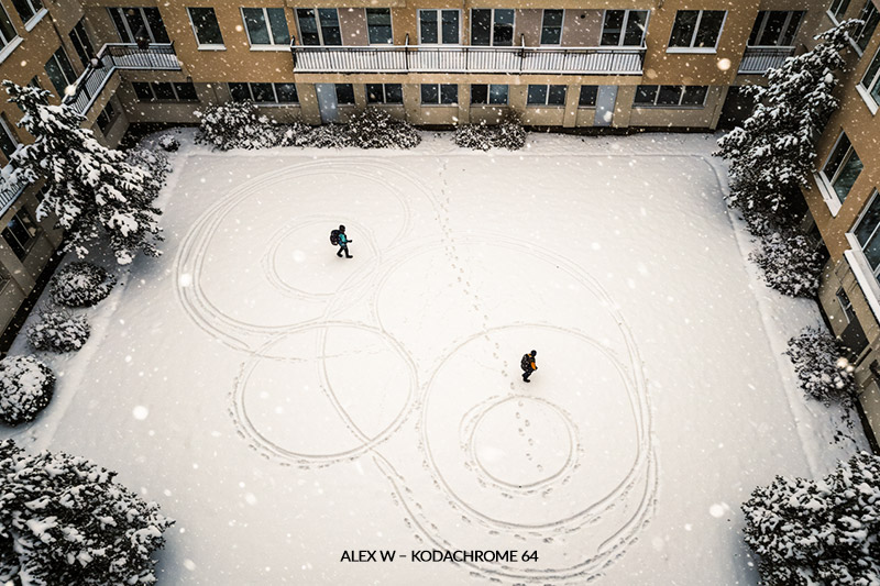 with Alex W – Kodachrome 64 preset - aerial view of a snowy courtyard, featuring a solitary figure in winter