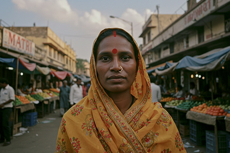 close-up portrait of a Indian woman wearing a colorful, patterned yellow sari