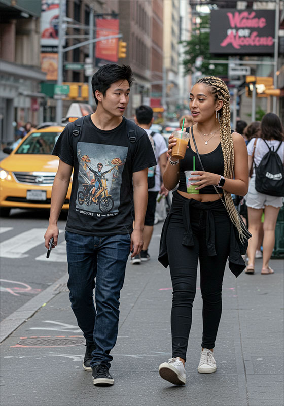 before - a young couple walking down the street