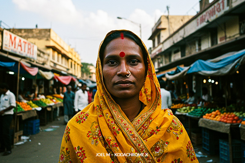 with Joel M – Kodachrome X preset - close-up portrait of a Indian woman wearing a colorful, patterned yellow sari