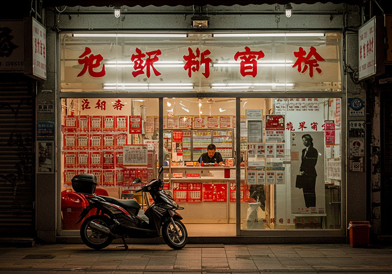 with preset- front shot of a small Japanese store at night