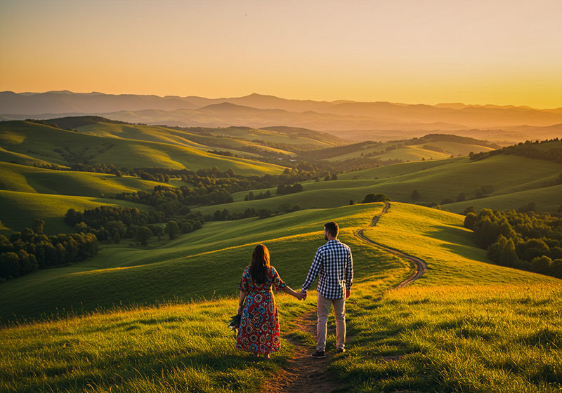 with preset - couple standing hand-in-hand on a grassy hill