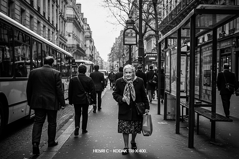 with Henri C – Kodak Tri-X 400 preset - street photography photo of an older lady with a bag