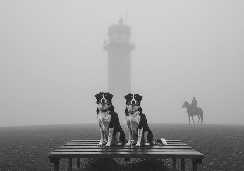 with preset - two dogs sitting on a platform misty background