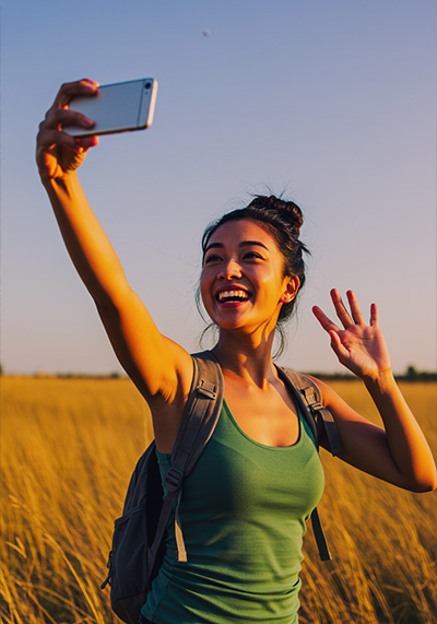 with preset - joyful person taking a selfie in an outdoor setting