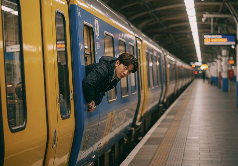 before - a man leaning out of a subway train window