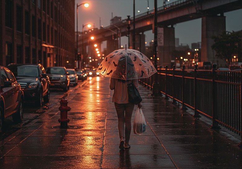 before - a persons walking down a city street, scene illuminated by car lights