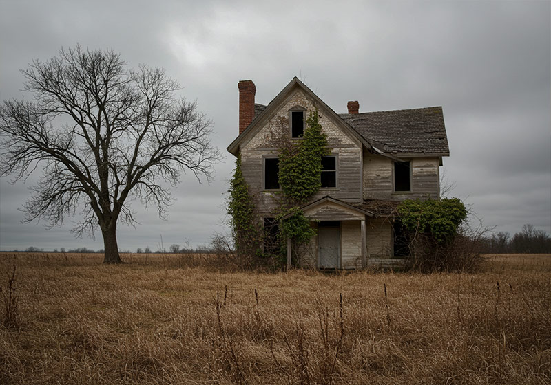 before - abandoned, weathered house standing alone in a desolate field
