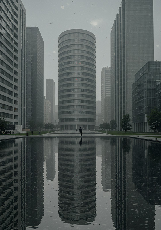 A urban landscape with a modern cityscape, featuring a prominent curved cylindrical building