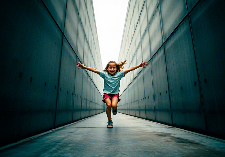 with preset - a young child running in a hallway