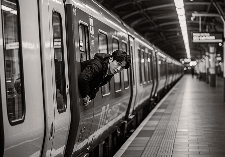 with preset - a man leaning out of a subway train window