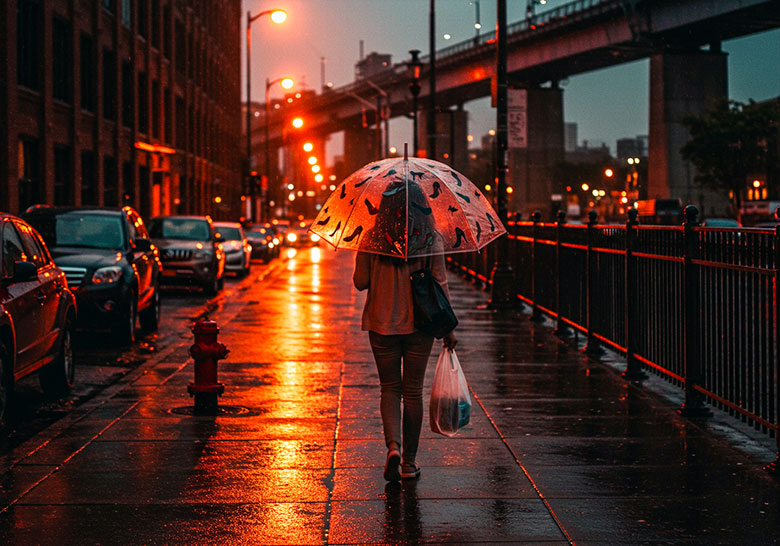 with preset - a persons walking down a city street, scene illuminated by car lights
