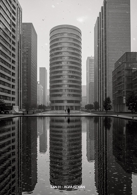 with Fan H – Agfa Isopan preset - A urban landscape with a modern cityscape, featuring a prominent curved cylindrical building