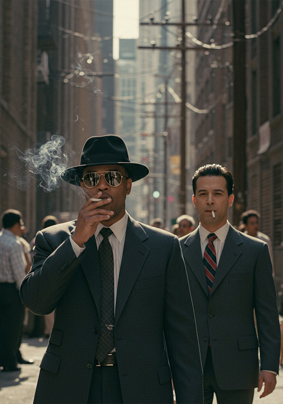 A candid scene of two men in a gritty urban alley