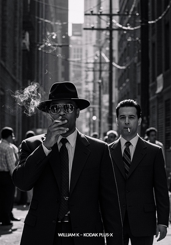 with William K – Kodak Plus-X preset A candid scene of two men in a gritty urban alley