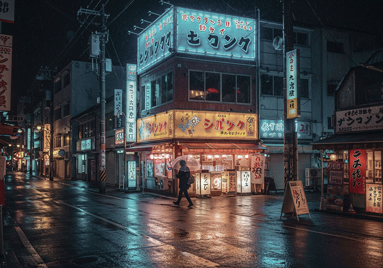 before - a neon lit street in Asia