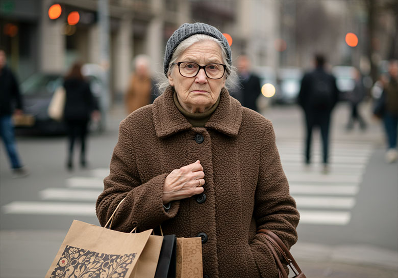 before - an elderly woman carrying her bags
