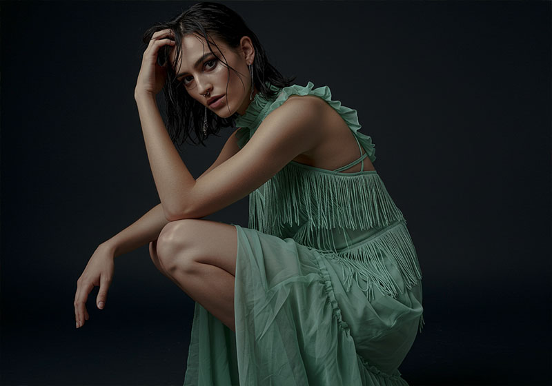 before - model in a dynamic pose, crouching