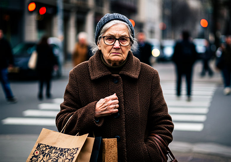 with preset - an elderly woman carrying her bags