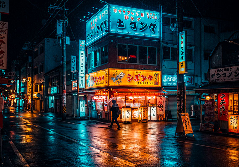 with preset - a neon lit street in Asia