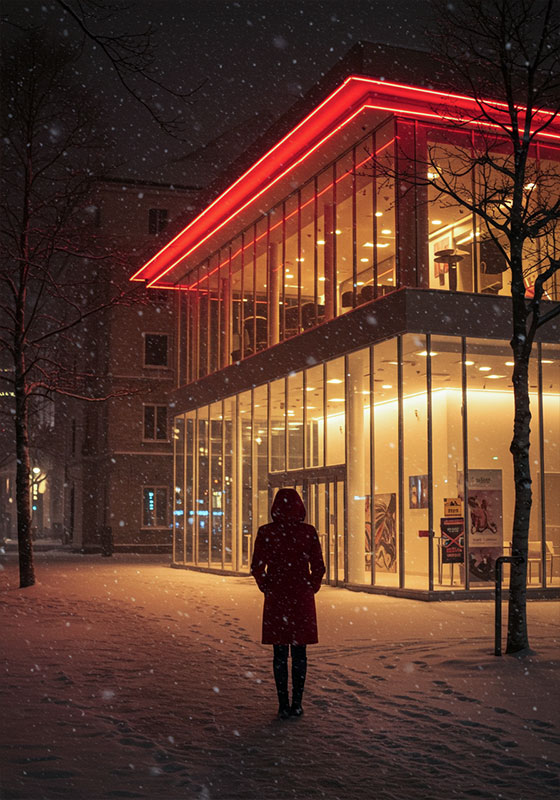 before - a person standing on a snowy sidewalk illuminated by neon light