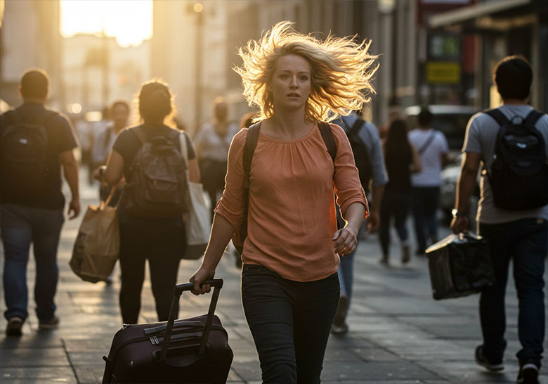 before - candid shot woman rushing on the sidewalk