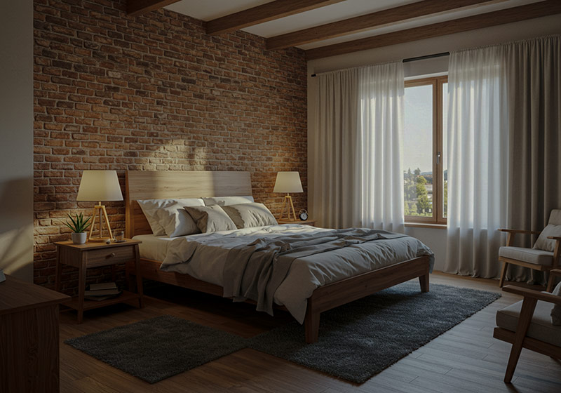 before - bedroom with stone wall