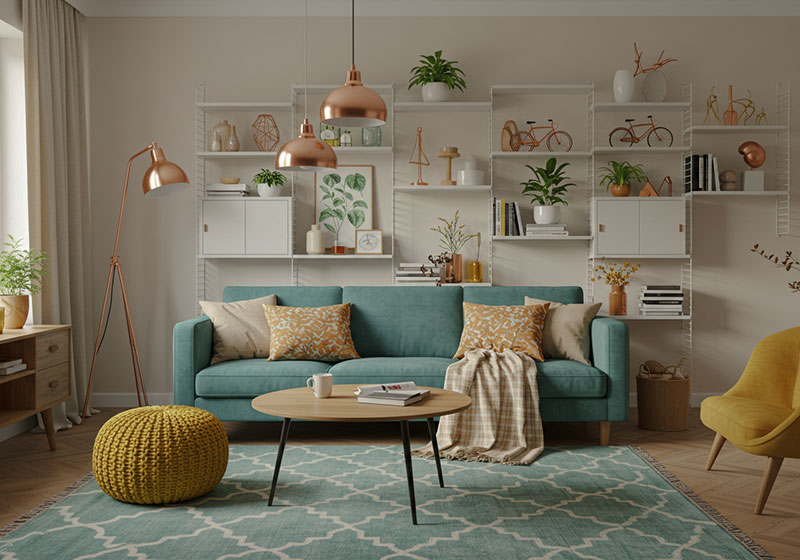 before - modern living room with a teal sofa