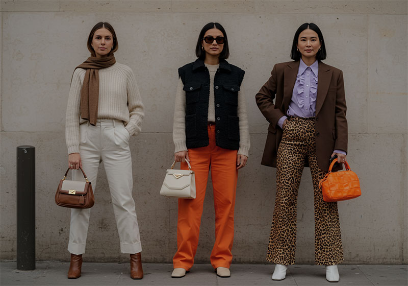 before - three stylish women standing side by side on a city sidewalk