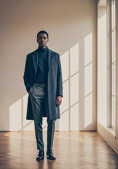 with preset - photo of a confident model wearing a dark gray overcoat