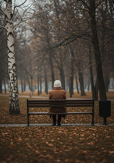 before - park scene a person in a brown coat sitting on a bench