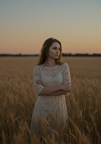 before - a woman standing at sunset at a golden wheat field