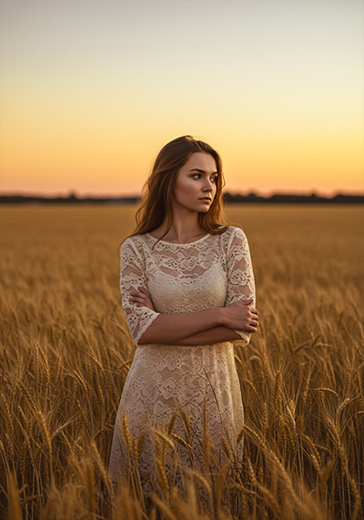 preset example - a woman standing at sunset at a golden wheat field