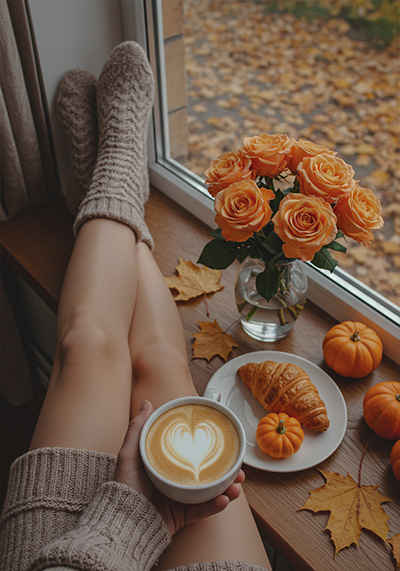 before - interior scene autumn scene woman's legs resting on a windowsill