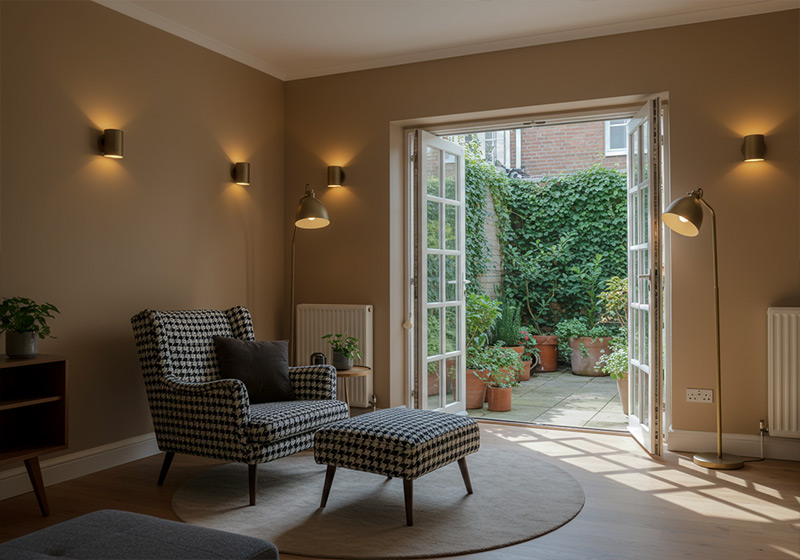 before - detail photo living room with houndstooth armchair