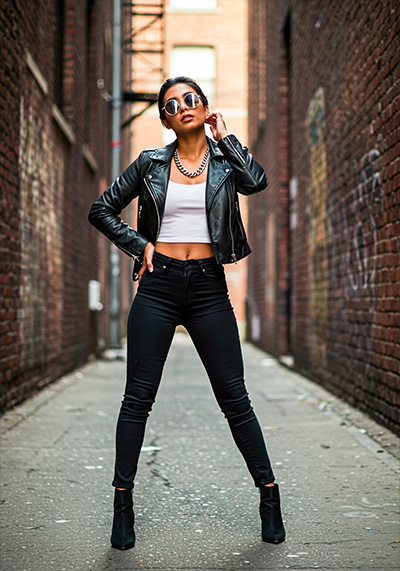 preset example - fashion photo of a chic woman standing in an urban alleyway