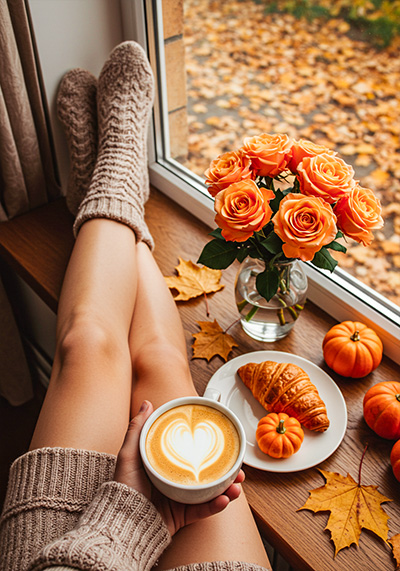 preset example - interior scene autumn scene woman's legs resting on a windowsill