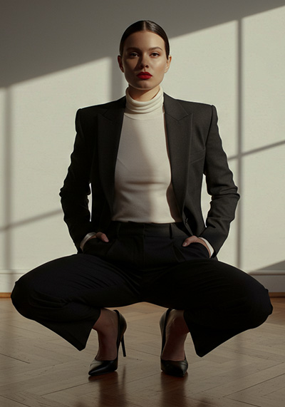 before - fashion photo of a confident woman in a modern room