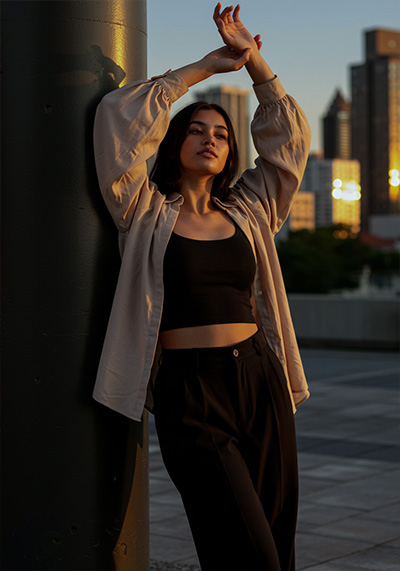 before - urban photo of a confident model wearing a black crop top on roof top
