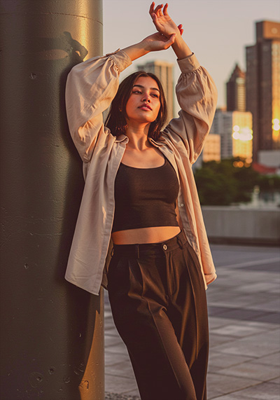 with preset - urban photo of a confident model wearing a black crop top on roof top