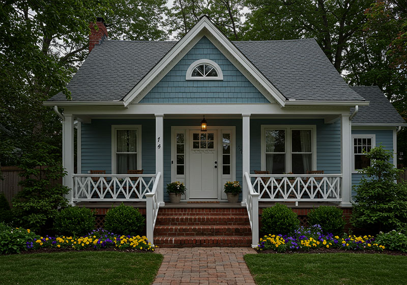 before - exterior blue clapboard cottage