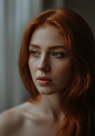 before - moody matte portrait of a red hair young woman