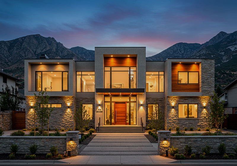 before - luxury home with a sleek concrete and stone facade