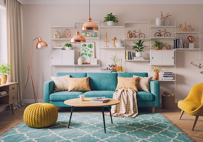 with preset - modern living room with a teal sofa