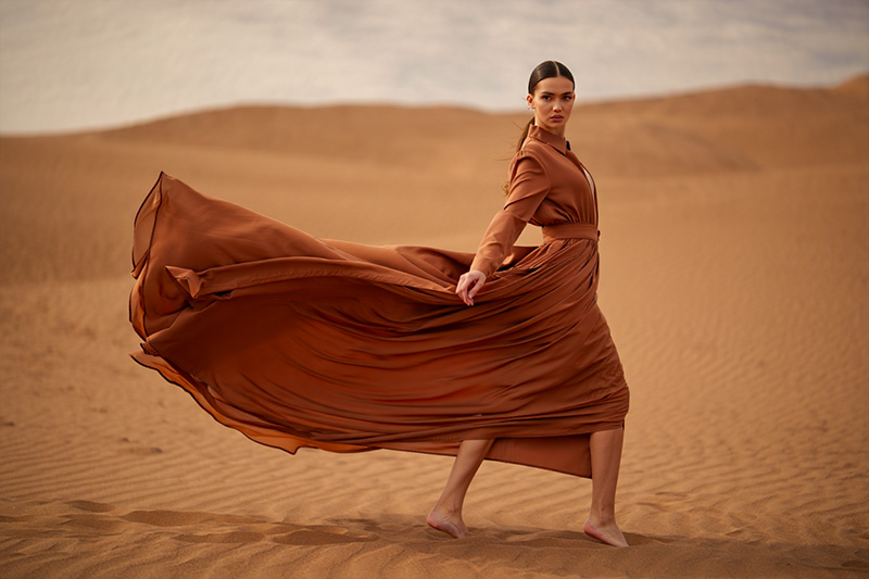 preset example - model posing in a flowing earthy-brown dress against a desert backdrop