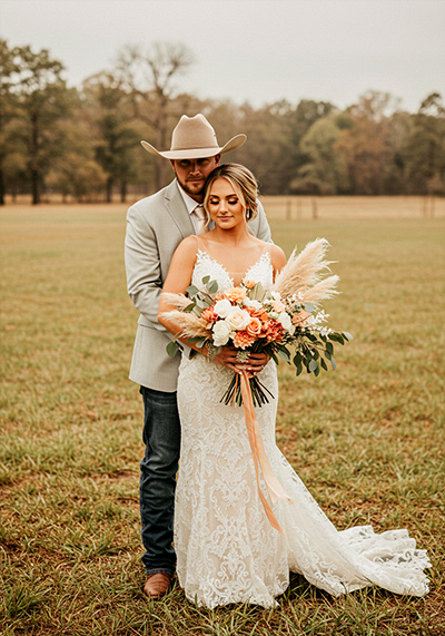 preset example- bride and groom in a rustic outdoor setting