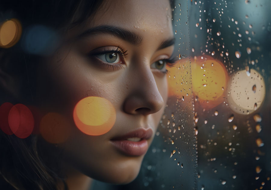 before - a close-up human face partially obscured by raindrops on a window
