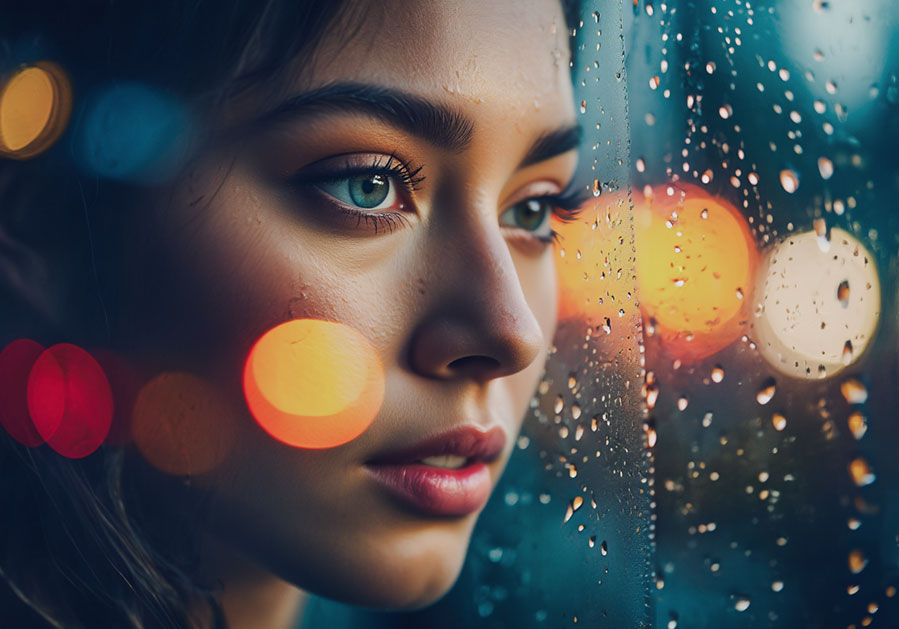 with preset - a close-up human face partially obscured by raindrops on a window